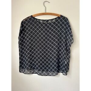 Y2K Express Women Sheer Top Black White Short Sleeve Office Grunge Whimsigoth